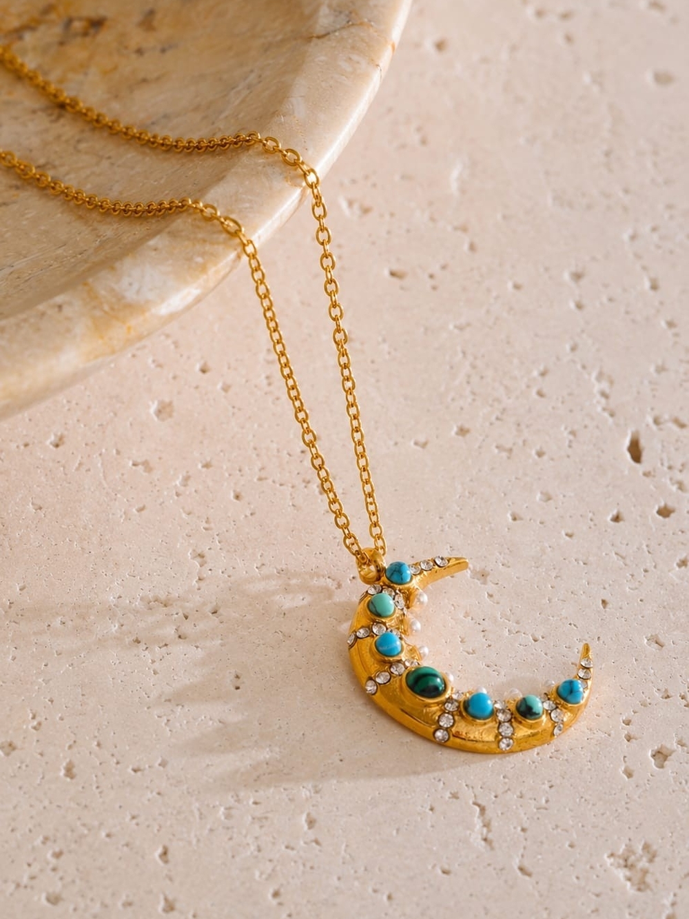 Gold Crescent Moon Pendant Necklace with Turquoise and Green Stones